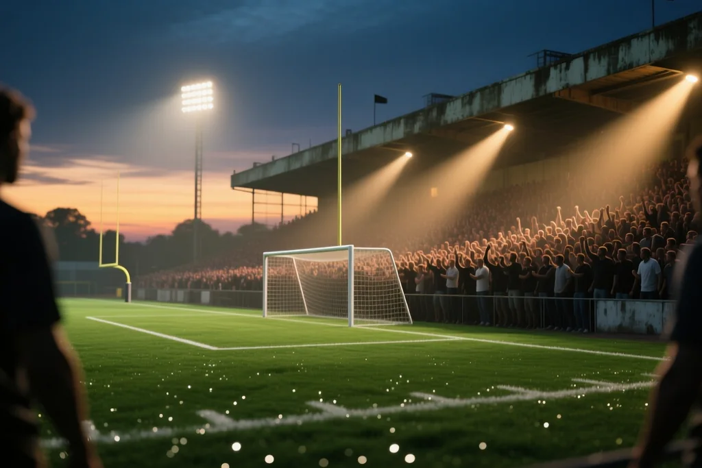 Packed football stadium crowd photographed from behind the goal at dusk
