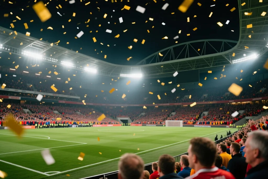 Large national stadium bowl lit by floodlights at night with the green pitch empty