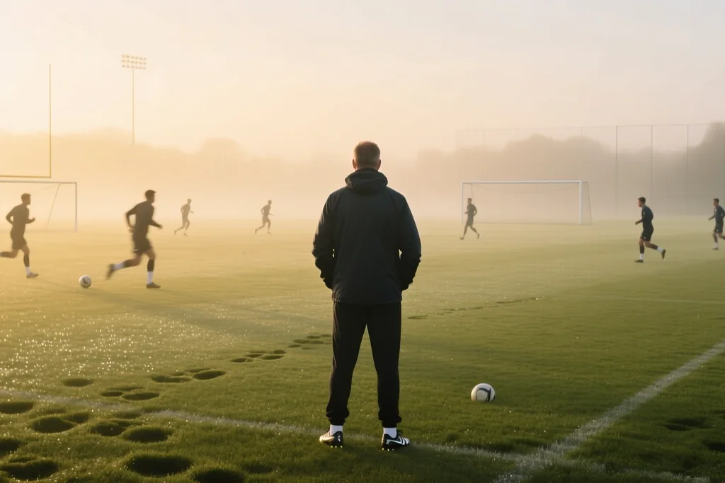 Mown training pitch with white markings and a row of small cones in early morning light