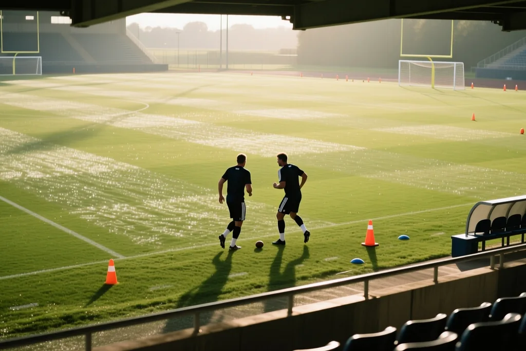 Green football pitch with fresh white markings photographed from a low empty stand