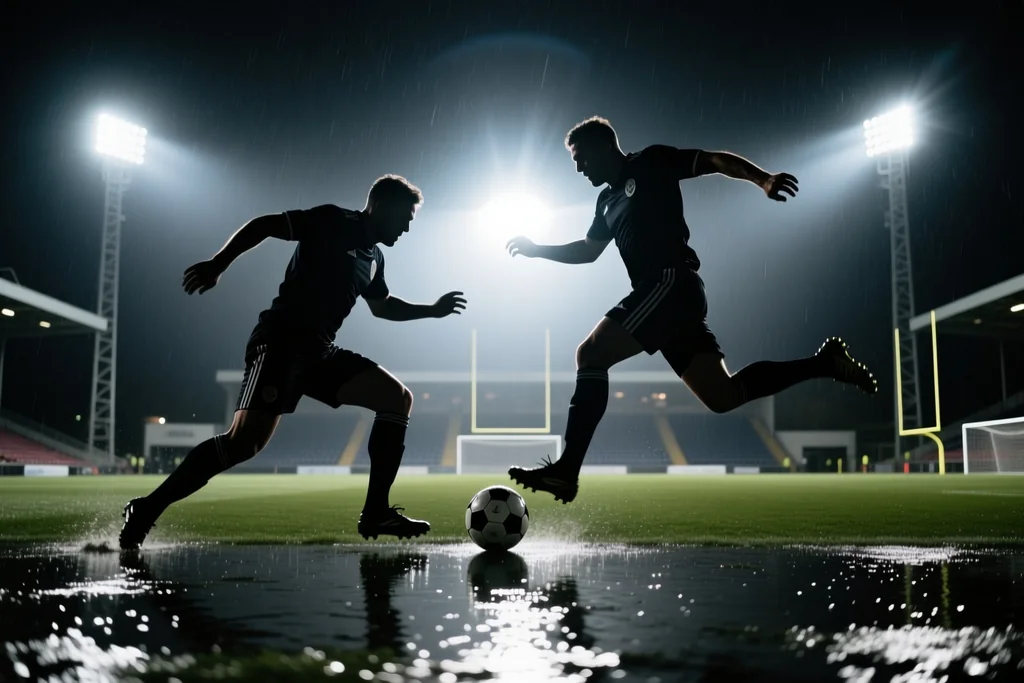 Empty goal net photographed from behind the goal on a floodlit pitch at night