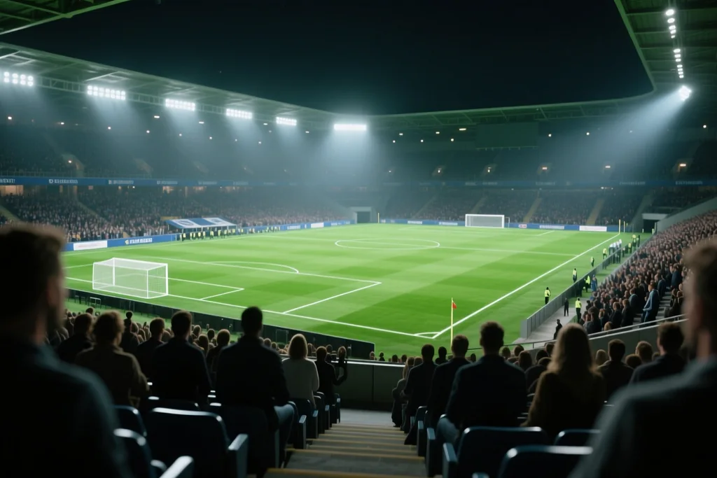 Empty football stadium with a running track at dusk and floodlights on