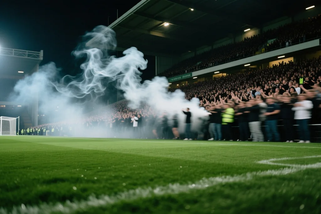 Dark concrete player tunnel of an old football stadium leading out to a bright green pitch